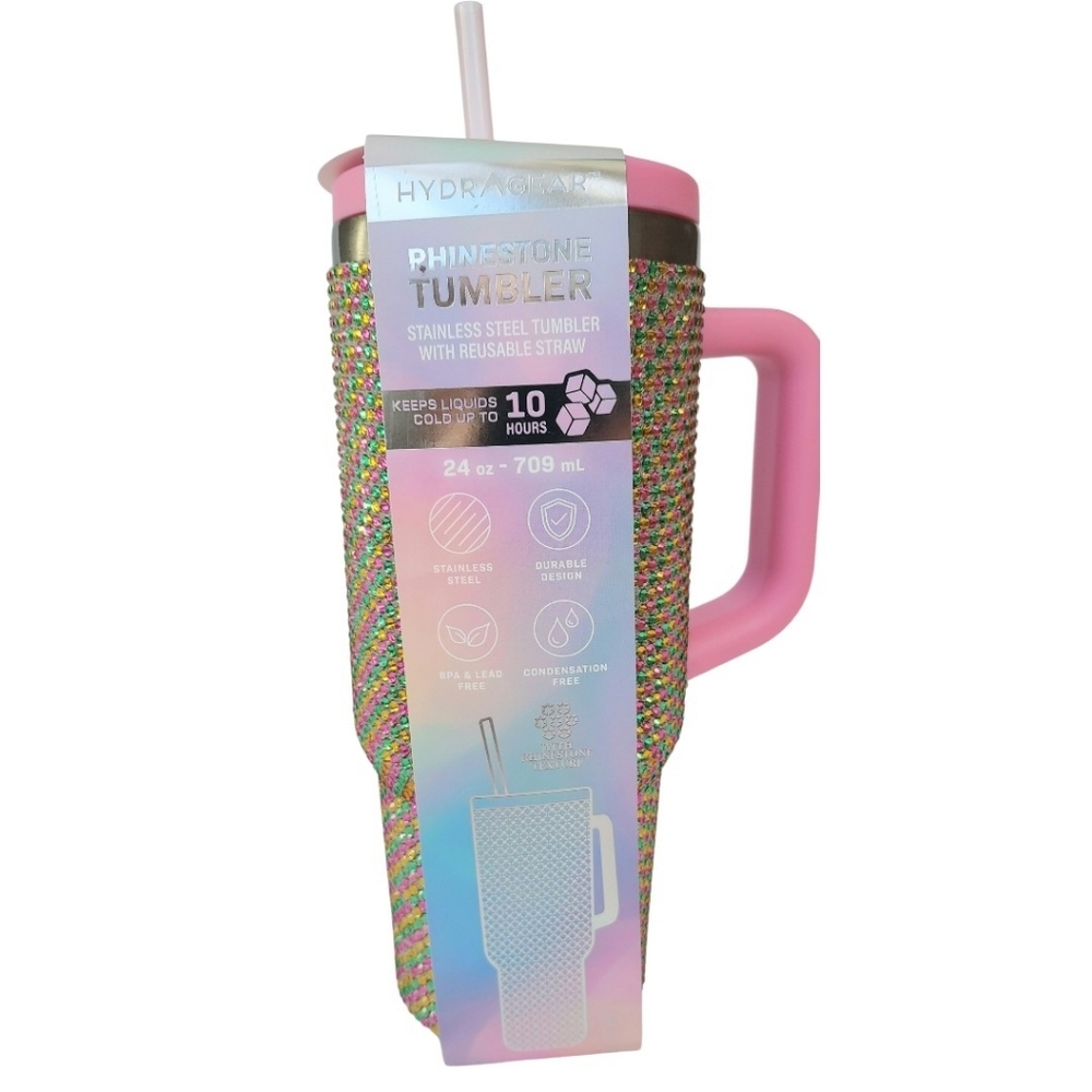 Tumbler 24 Oz. Pink, Yellow & Green Rhinestone with Straw NEW WITH TAGS